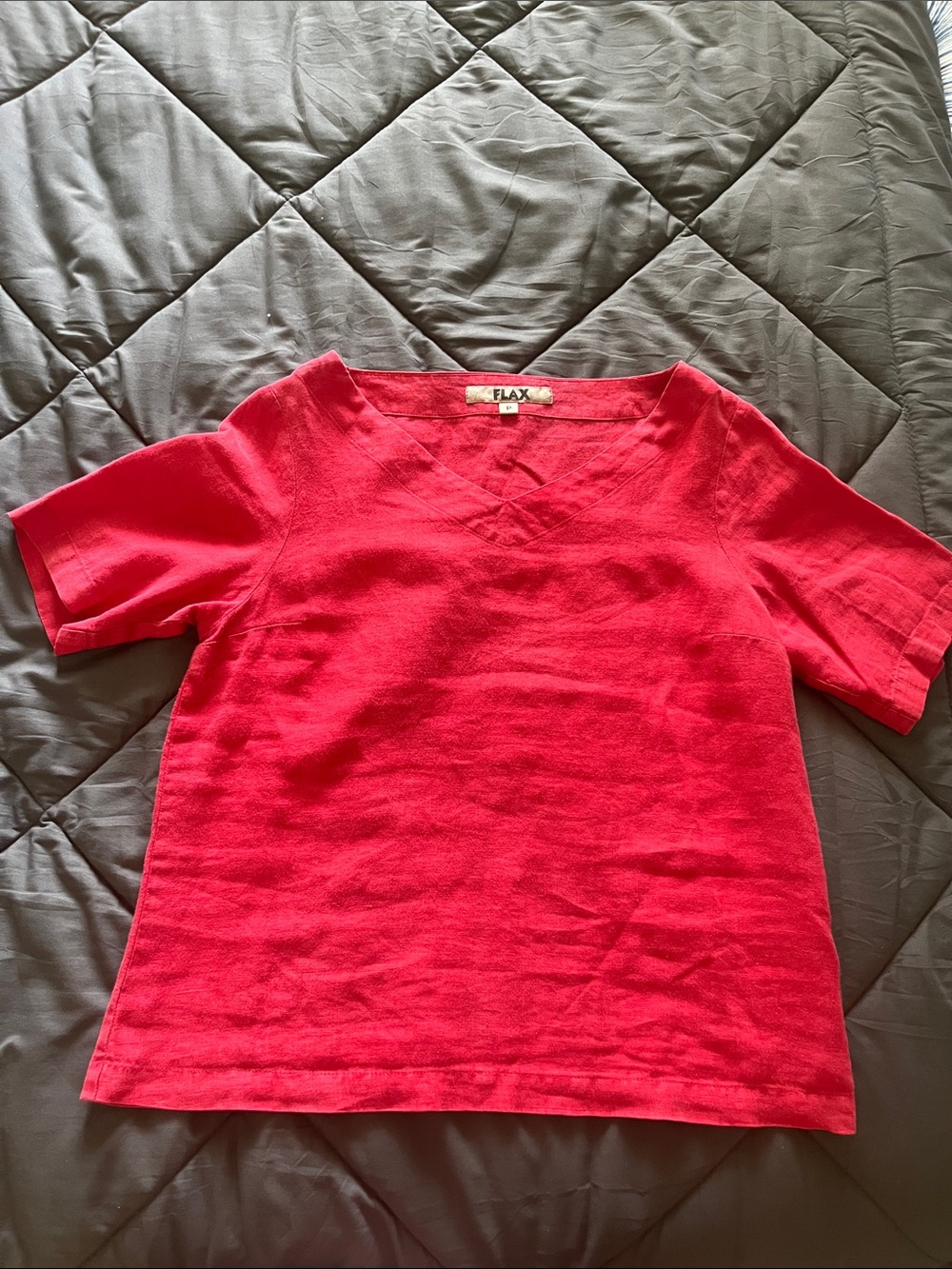 FLAX 100% Linen Short Sleeve V-Neck Top Red Size P